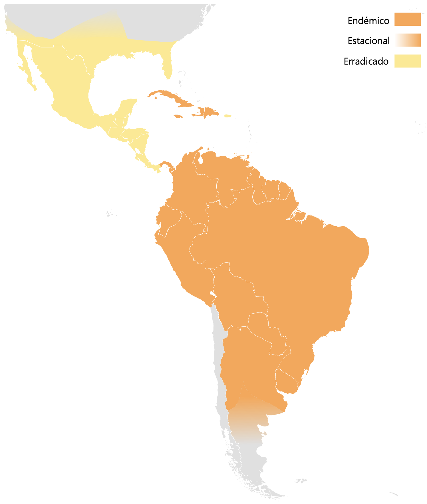 Mapa mostrando regiones endémicas del gusano barrenador en las Américas