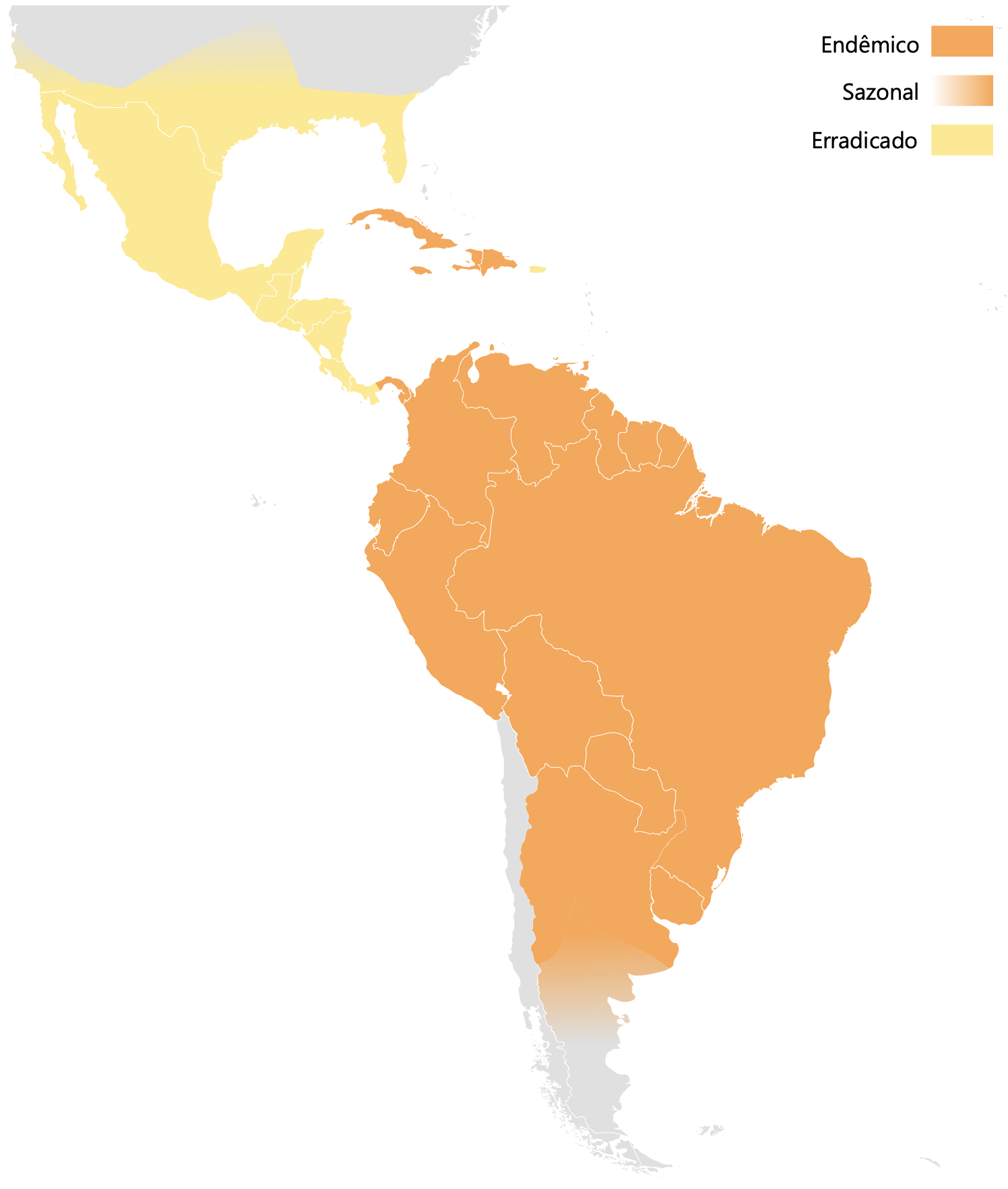 Mapa mostrando regiões endêmicas da bicheira nas Américas